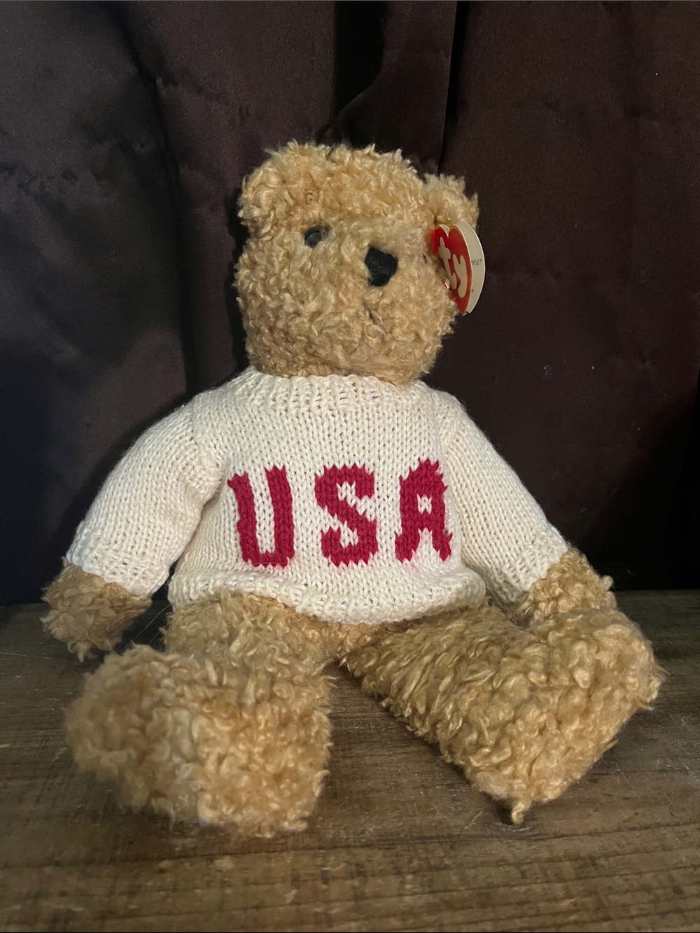 Ty “Baby Curly-America the Beautiful!” Bear in White Sweater w/Red USA Lettering
